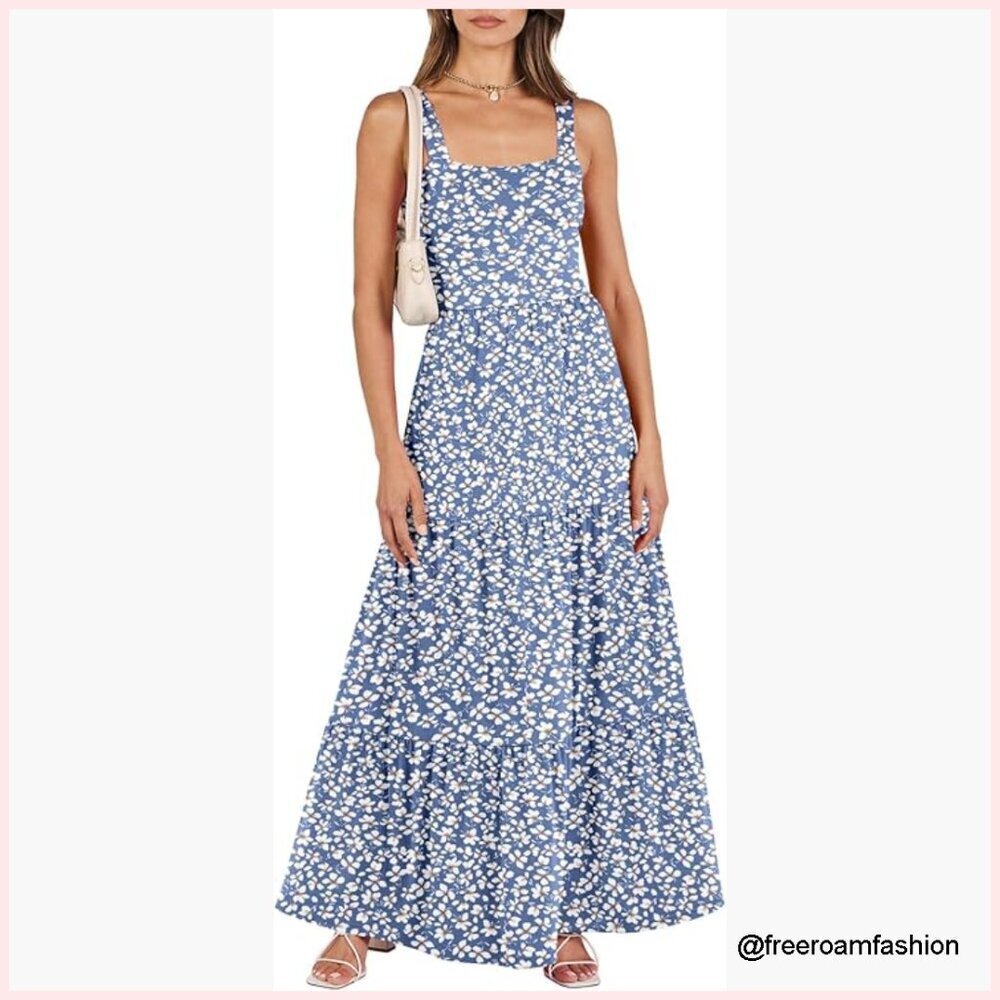 Sleeveless Maxi Dress with Pockets, Square Neck, Flowy Tiered Summer Casual